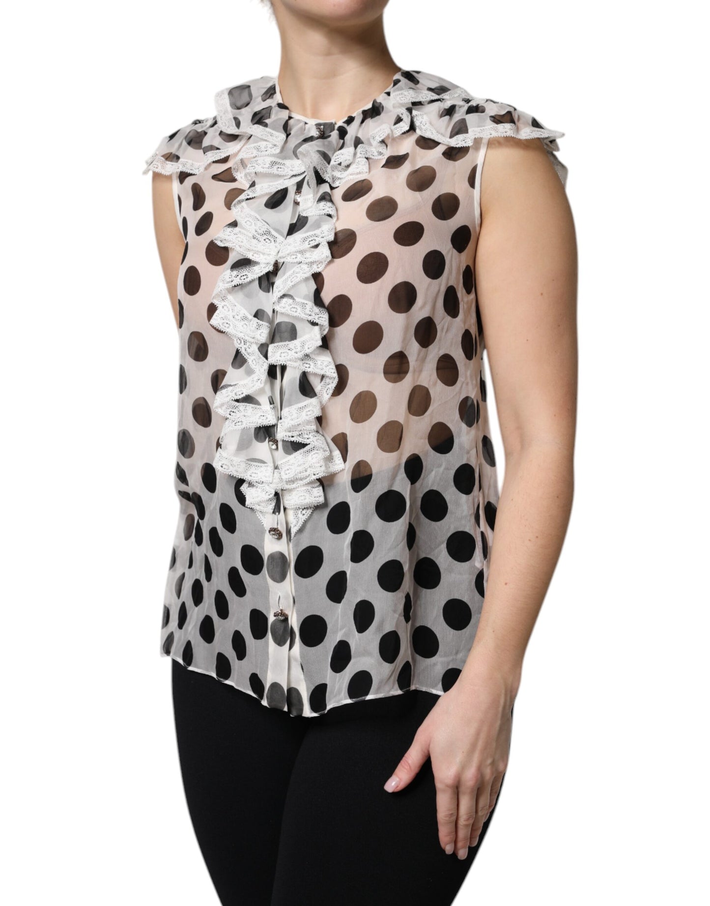 Dolce &amp; Gabbana White Black Polka Dot Cotton Sleeveless Top