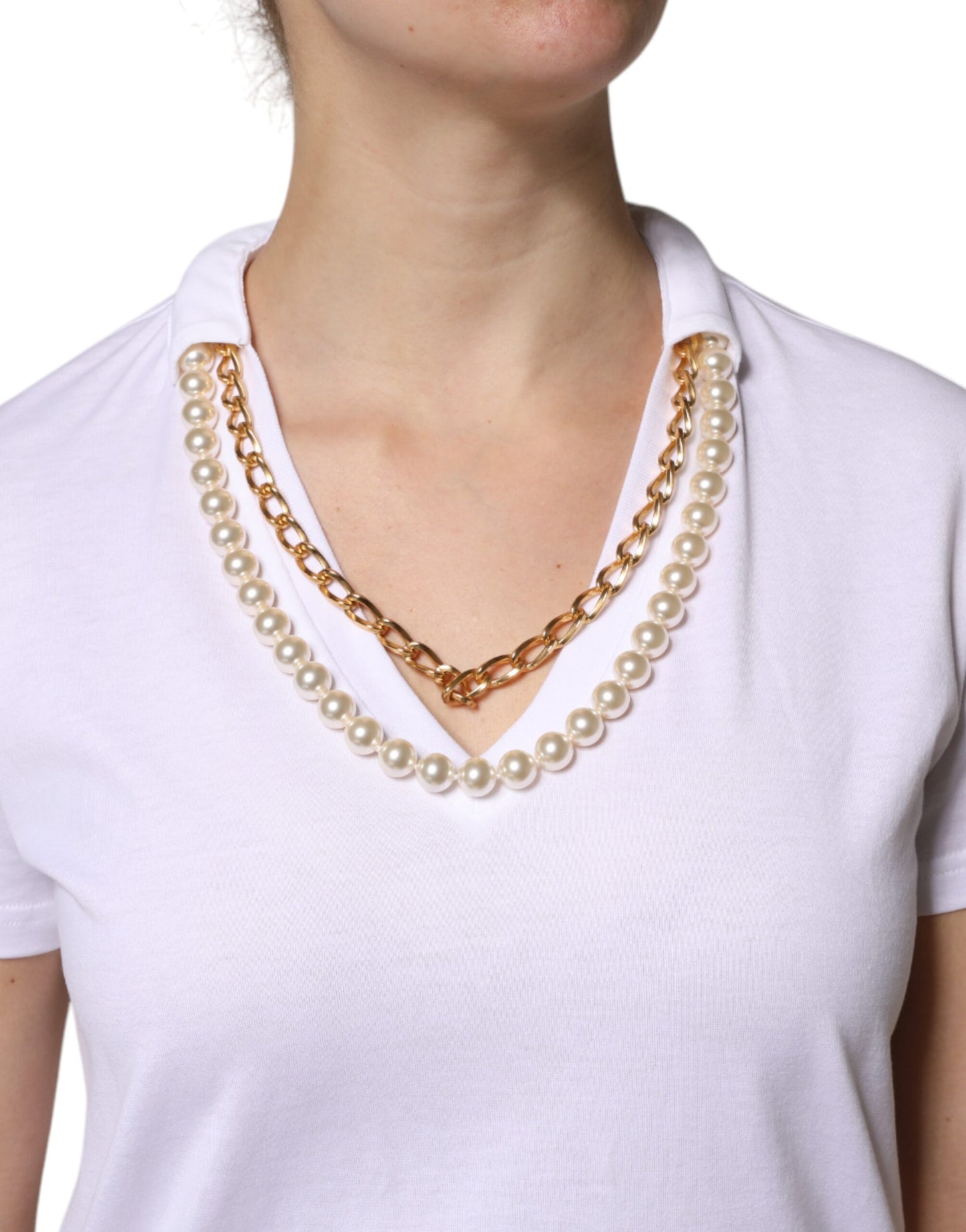 Camiseta de manga corta de algodón con collar blanco de Dolce &amp; Gabbana