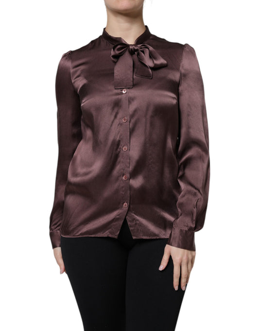 Dolce &amp; Gabbana Brown Ascot Collar Long Sleeve Blouse Top
