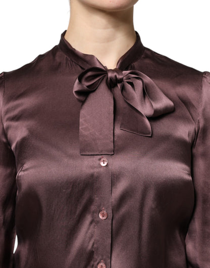 Dolce &amp; Gabbana Brown Ascot Collar Long Sleeve Blouse Top