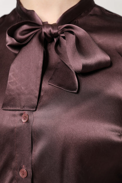 Dolce &amp; Gabbana Brown Ascot Collar Long Sleeve Blouse Top