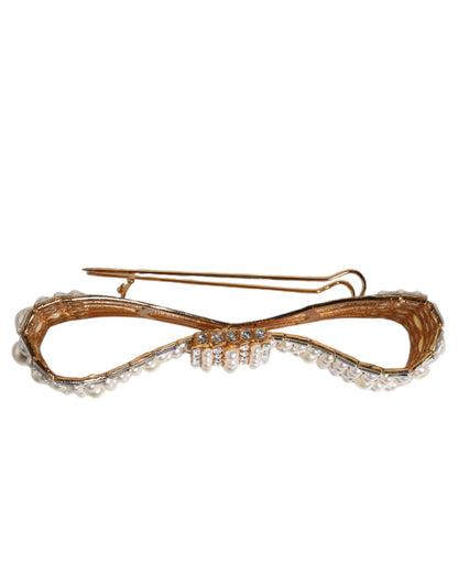 Dolce &amp; Gabbana Gold Tone Brass Bow Crystal FauxPearl Embellished Brooch