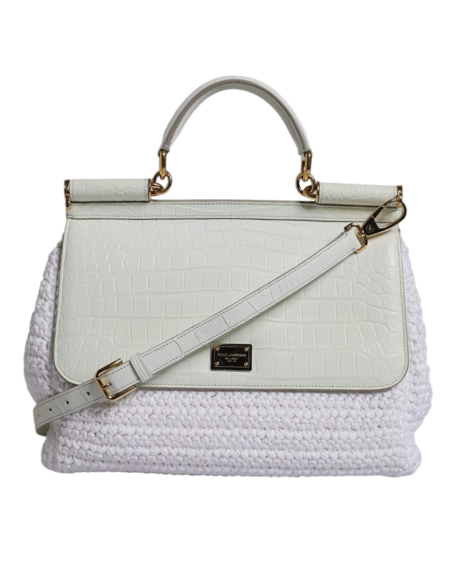 Dolce &amp; Gabbana White Rafia Leather Top Handle Crossbody Bag
