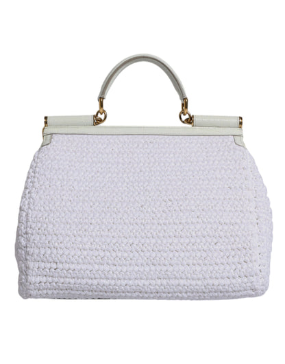 Dolce &amp; Gabbana White Rafia Leather Top Handle Crossbody Bag
