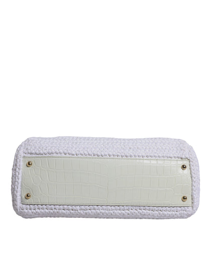 Dolce &amp; Gabbana White Rafia Leather Top Handle Crossbody Bag