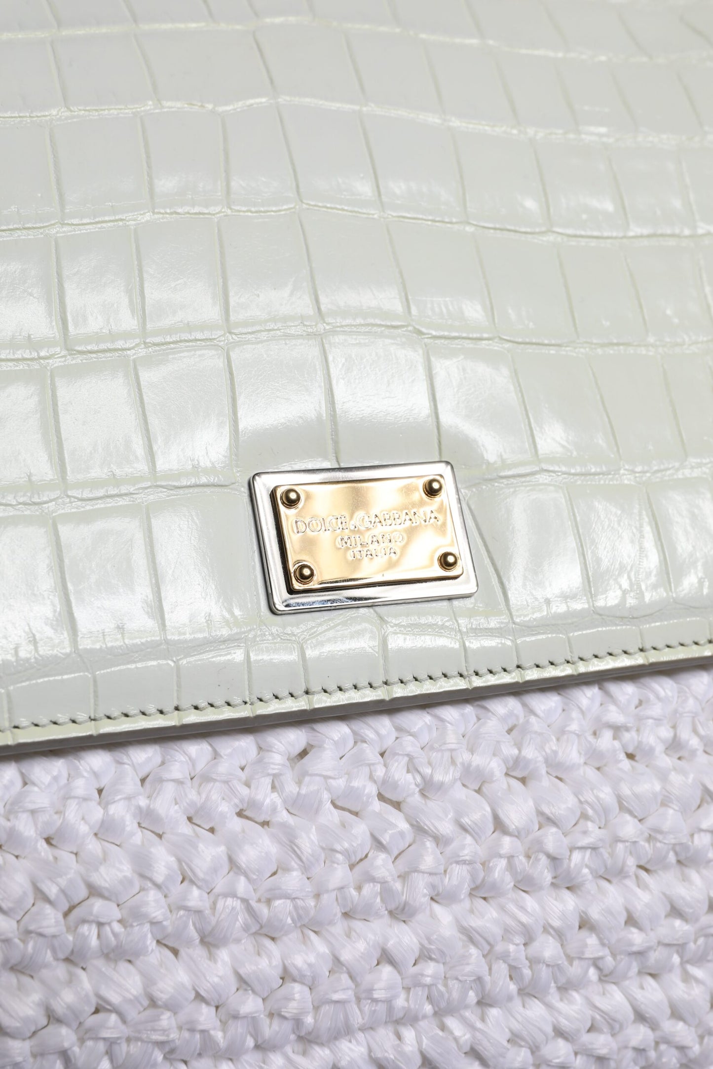 Dolce &amp; Gabbana White Rafia Leather Top Handle Crossbody Bag
