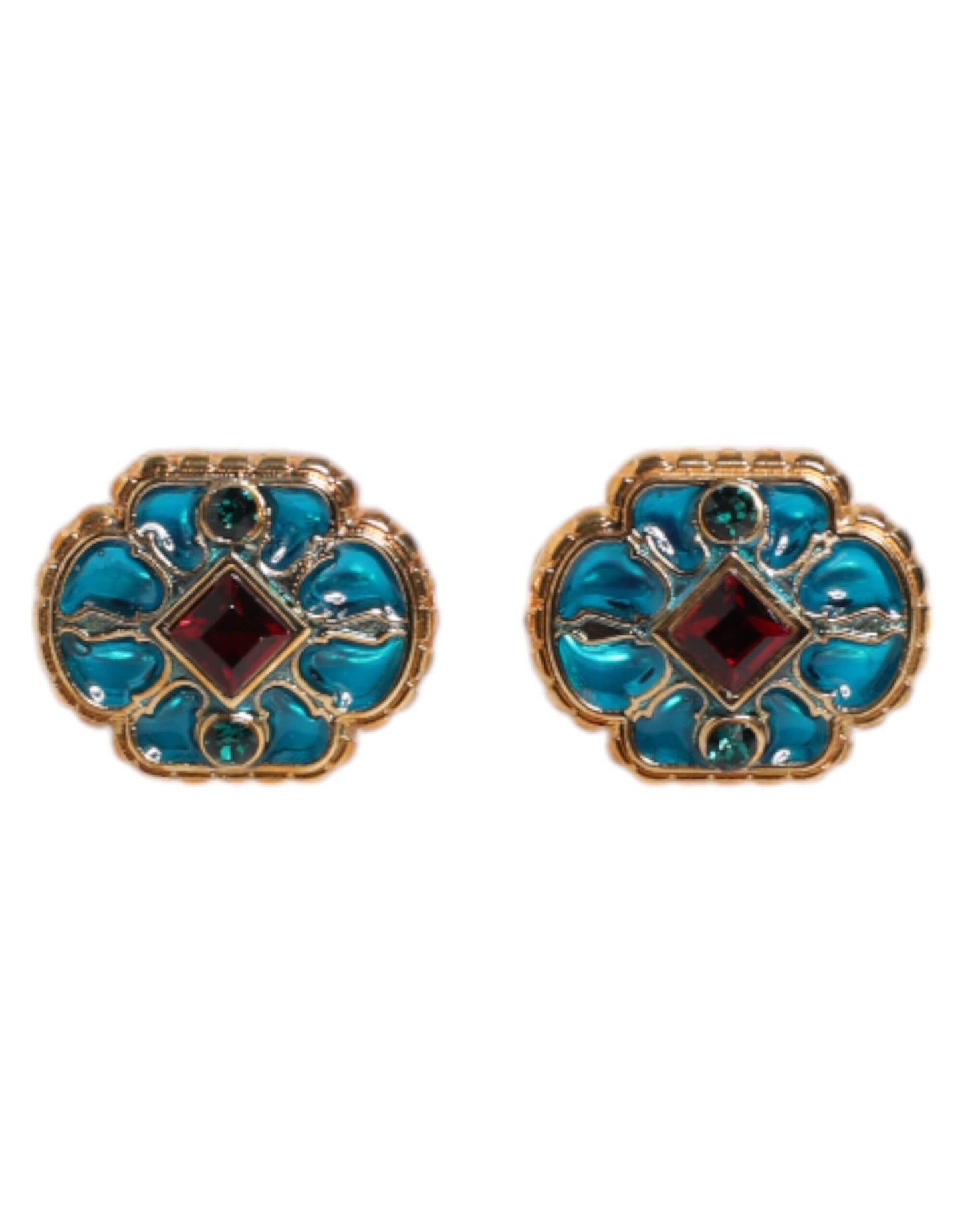 Dolce &amp; Gabbana Gold Brass Blue Enameled Flower Cufflink