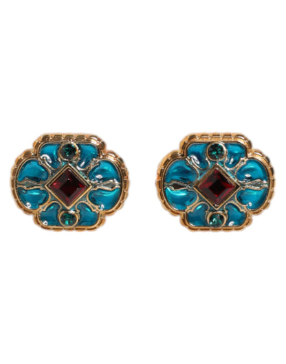 Dolce &amp; Gabbana Gold Brass Blue Enameled Flower Cufflink