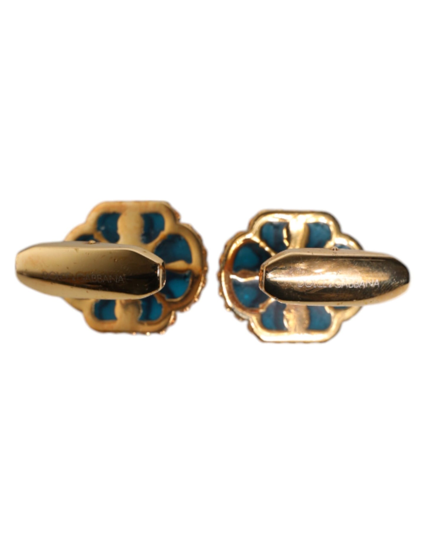 Dolce &amp; Gabbana Gold Brass Blue Enameled Flower Cufflink