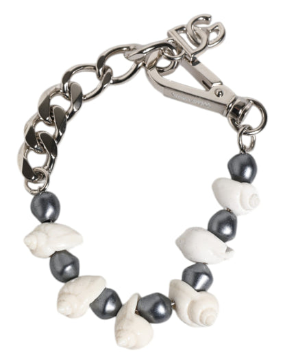 Dolce &amp; Gabbana Silver Tone Brass Beaded Shell DG Logo Pendant Bracelet