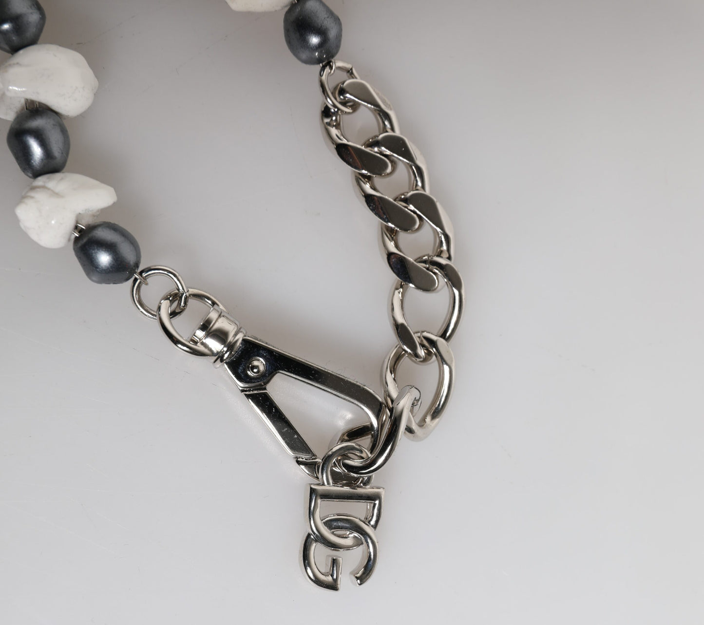 Dolce &amp; Gabbana Silver Tone Brass Beaded Shell DG Logo Pendant Bracelet