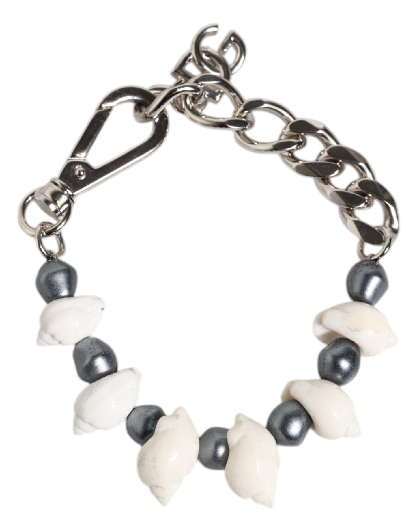 Dolce &amp; Gabbana Silver Tone Brass Beaded Shell DG Logo Pendant Bracelet