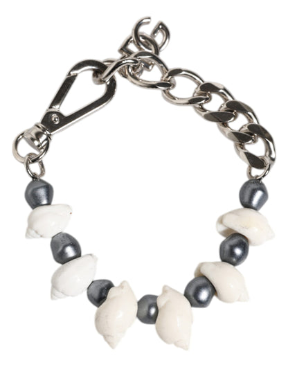 Dolce &amp; Gabbana Silver Tone Brass Beaded Shell DG Logo Pendant Bracelet