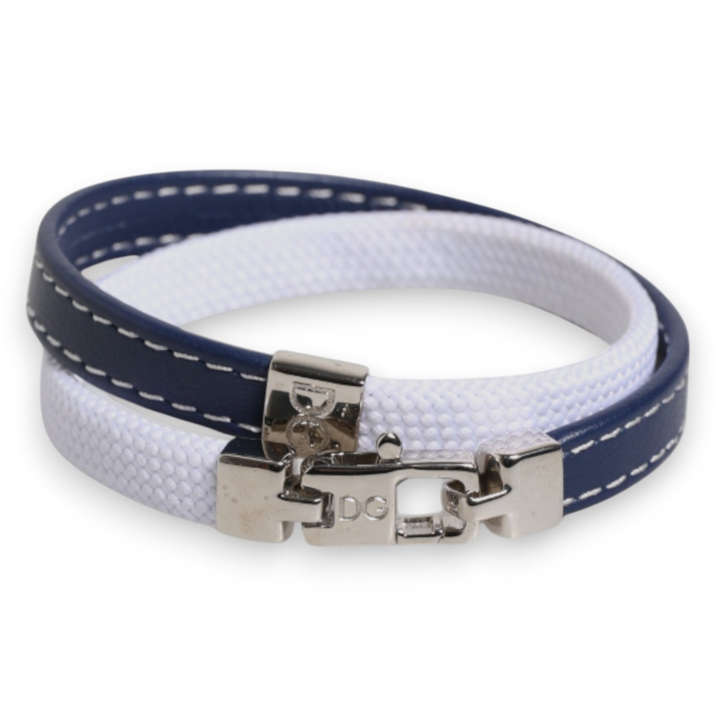 Dolce &amp; Gabbana Blue White Leather Trimmed DG Engraved Silver Tone Clasp Bracelet
