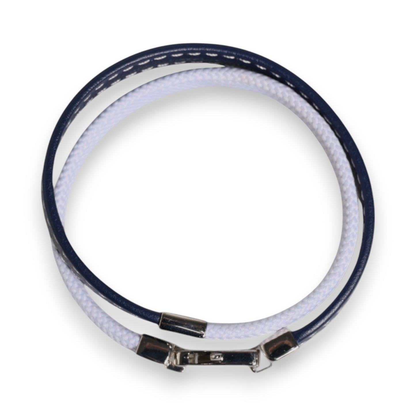 Dolce &amp; Gabbana Blue White Leather Trimmed DG Engraved Silver Tone Clasp Bracelet