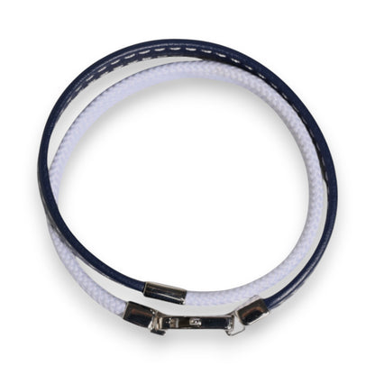 Dolce &amp; Gabbana Blue White Leather Trimmed DG Engraved Silver Tone Clasp Bracelet
