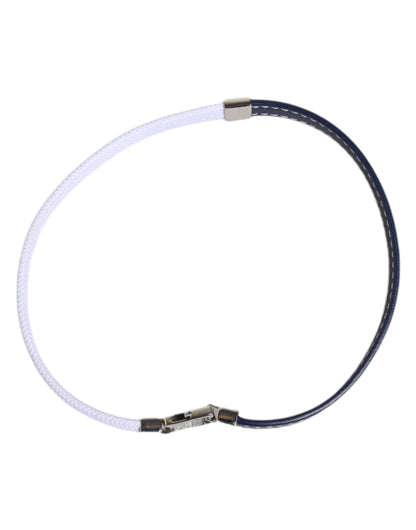 Dolce &amp; Gabbana Blue White Leather Trimmed DG Engraved Silver Tone Clasp Bracelet
