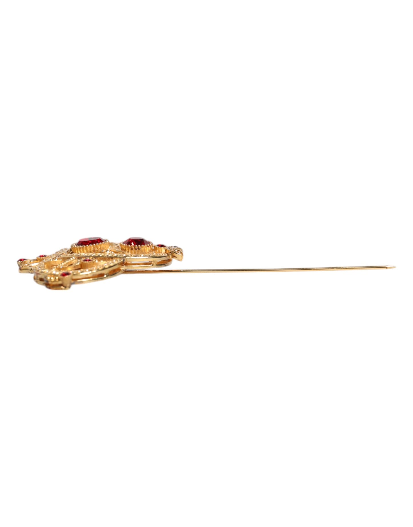 Dolce &amp; Gabbana Gold Tone Red Crystal Embellish 925 Sterling Silver Pin