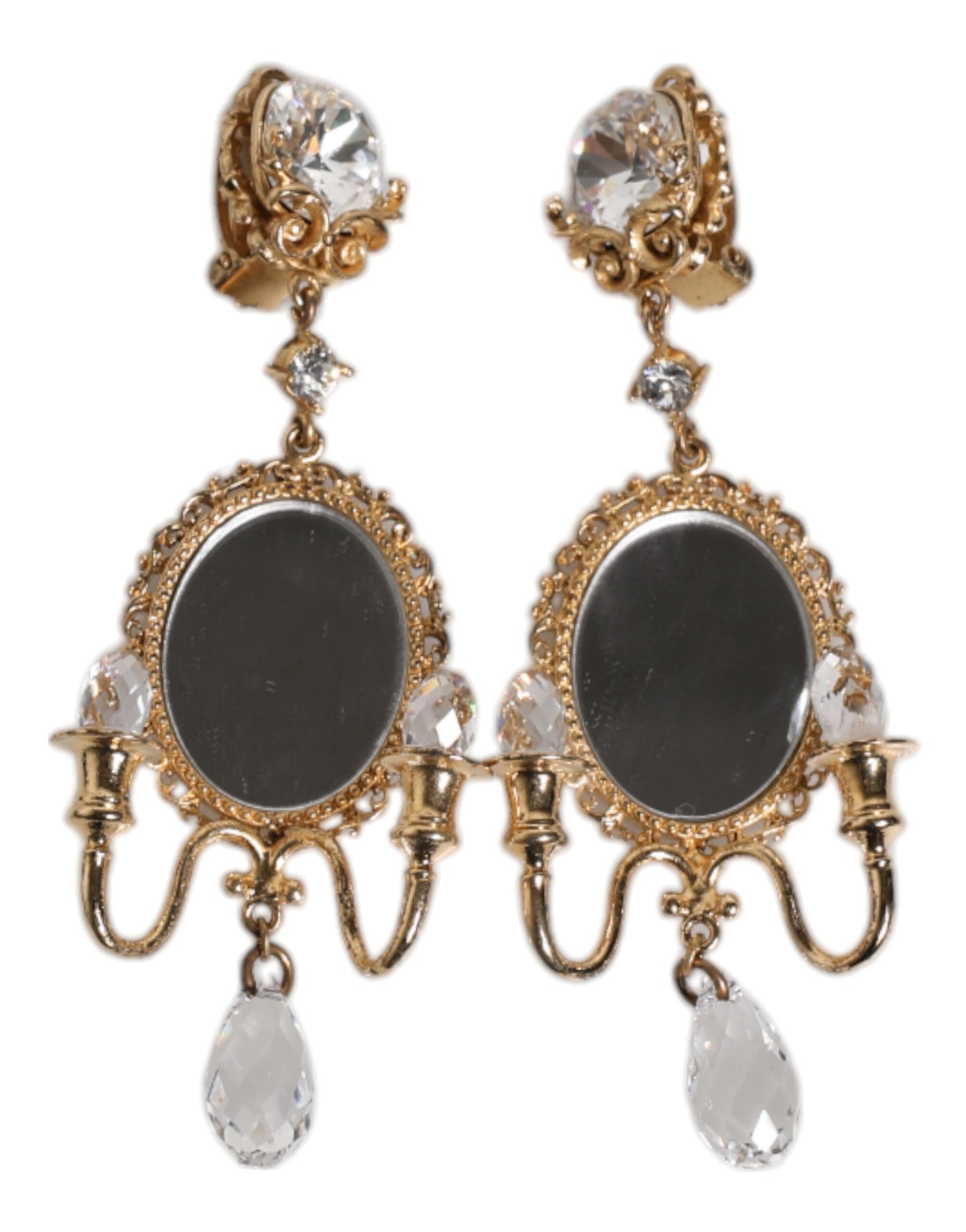 Boucles d'oreilles pendantes Dolce &amp; Gabbana en laiton doré et cristal transparent avec élément miroir