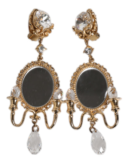 Boucles d'oreilles pendantes Dolce &amp; Gabbana en laiton doré et cristal transparent avec élément miroir