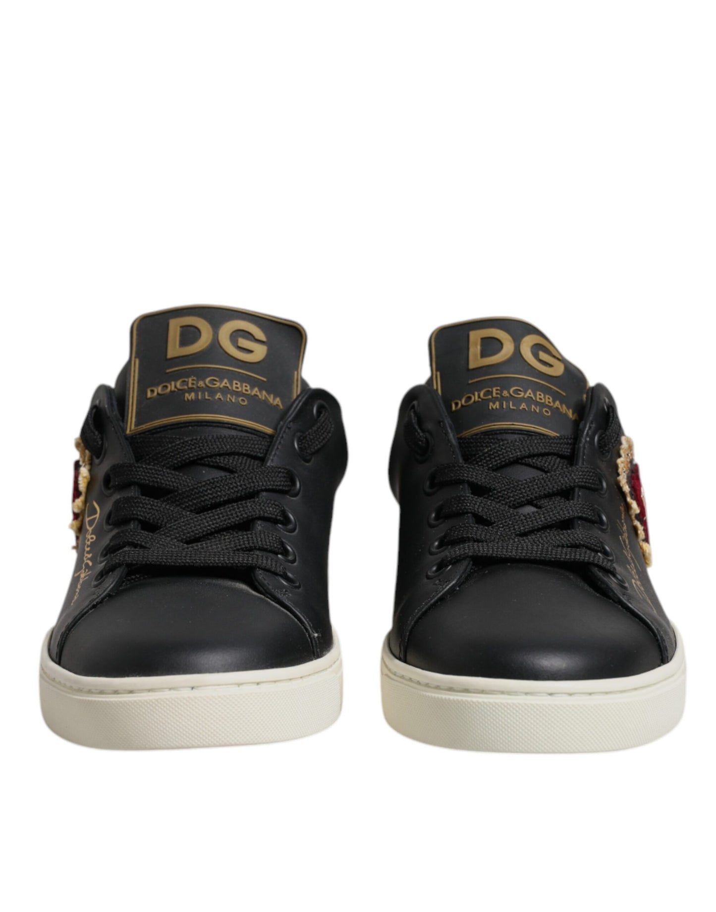 Zapatillas deportivas Dolce &amp; Gabbana de cuero negro con corazón rojo y dorado