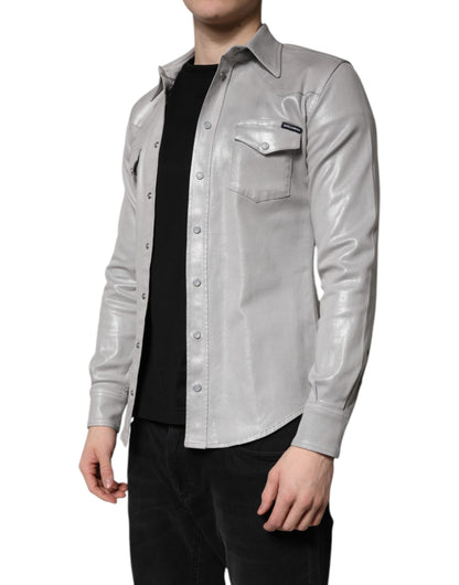 Camisa de botones de algodón gris metalizado de Dolce &amp; Gabbana