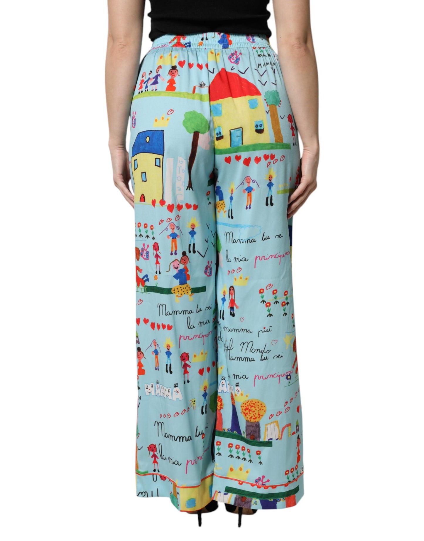Dolce &amp; Gabbana Light Blue Drawing Mid Waist Wide Leg Pants