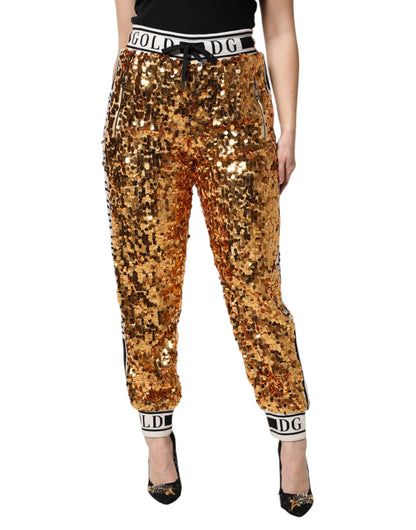Dolce &amp; Gabbana Metallic Gold DG Logo Sequined Jogger Pants