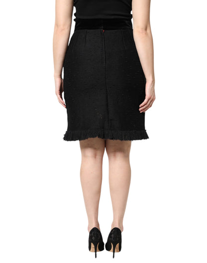Minifalda tubo de cintura alta con flecos de lana negra de Dolce &amp; Gabbana