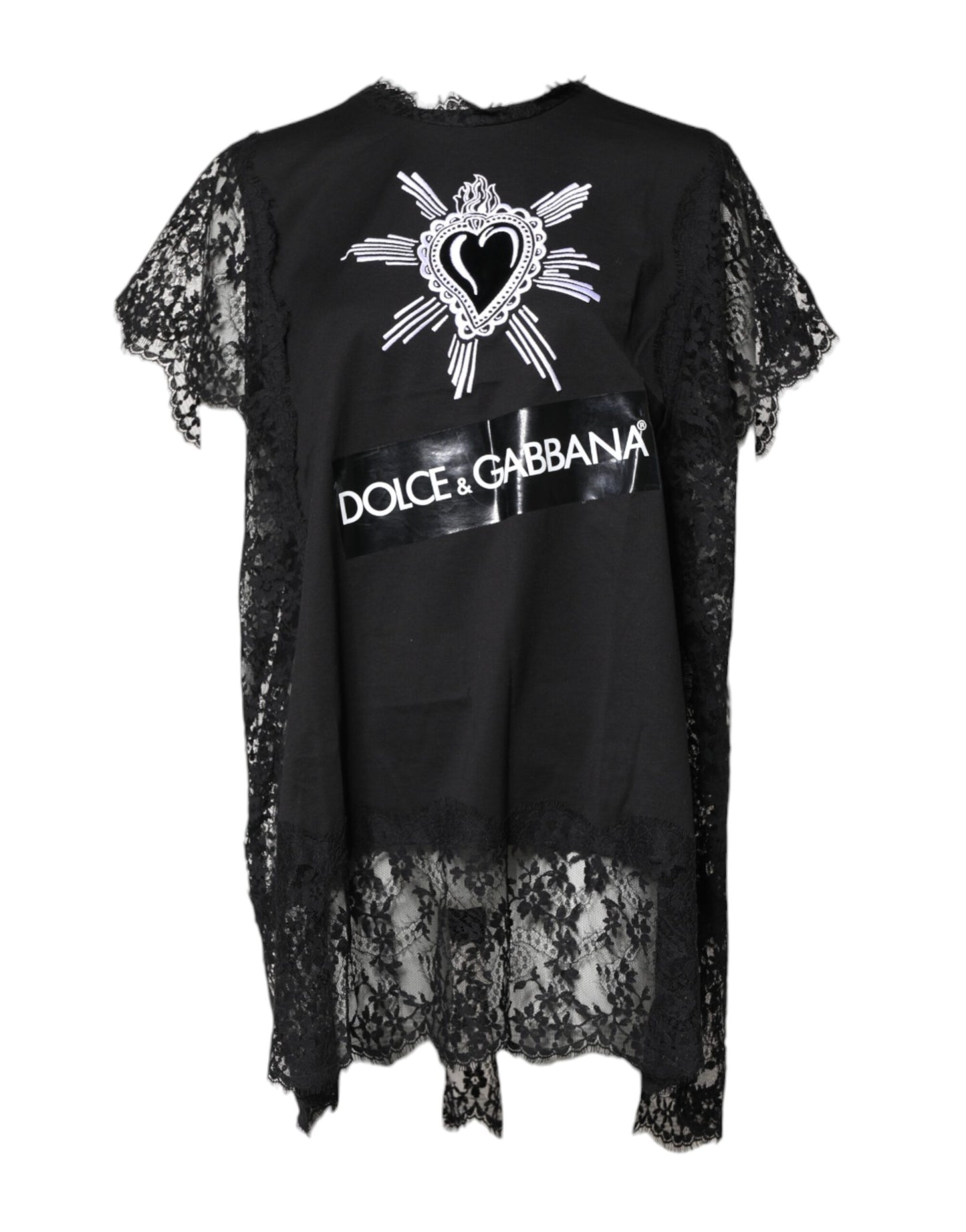 Dolce &amp; Gabbana Black Lace Sheer Sacred Heart Crew Neck Top
