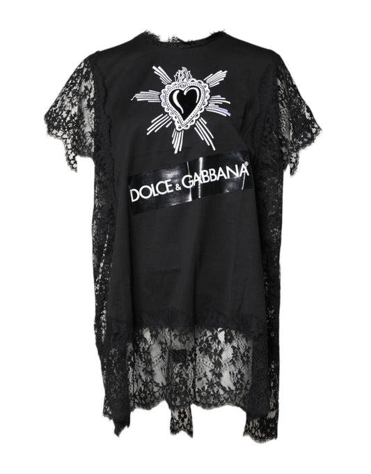 Dolce &amp; Gabbana Black Lace Sheer Sacred Heart Crew Neck Top