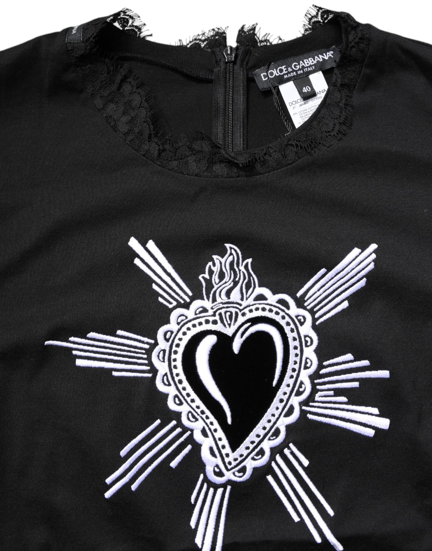 Dolce &amp; Gabbana Black Lace Sheer Sacred Heart Crew Neck Top