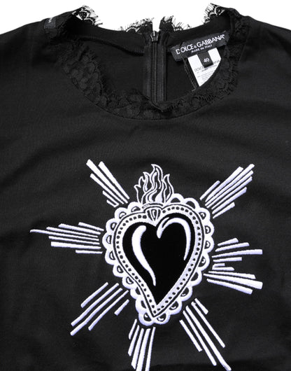 Dolce &amp; Gabbana Black Lace Sheer Sacred Heart Crew Neck Top