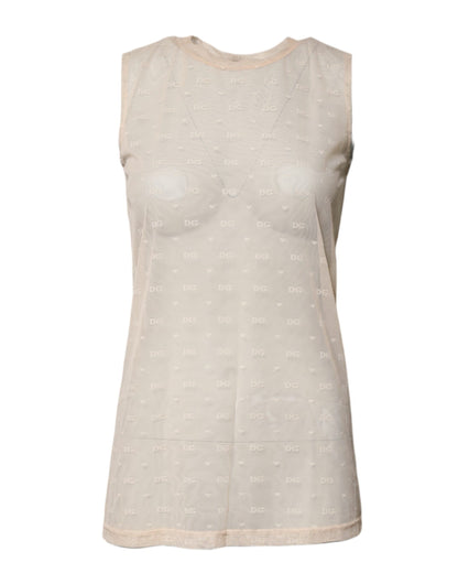 Dolce &amp; Gabbana Ivory Nylon Logo See Through Sleeveless Tank Top