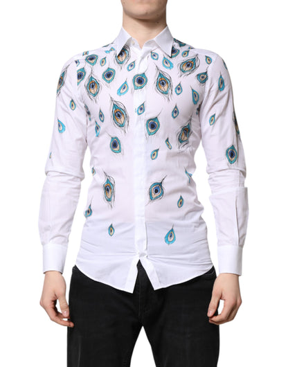 Camisa de vestir Dolce &amp; Gabbana de algodón blanco con estampado de plumas doradas