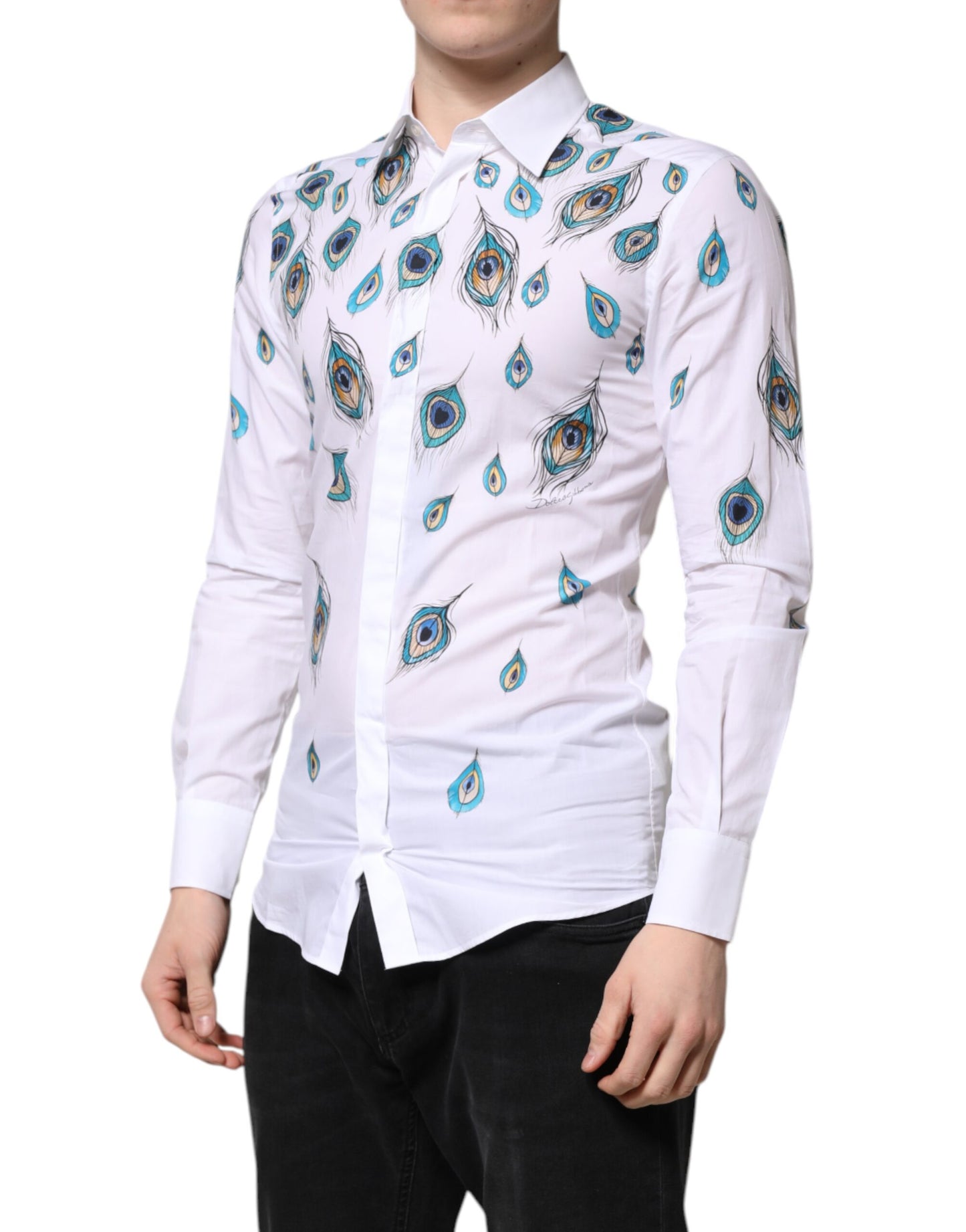 Camisa de vestir Dolce &amp; Gabbana de algodón blanco con estampado de plumas doradas