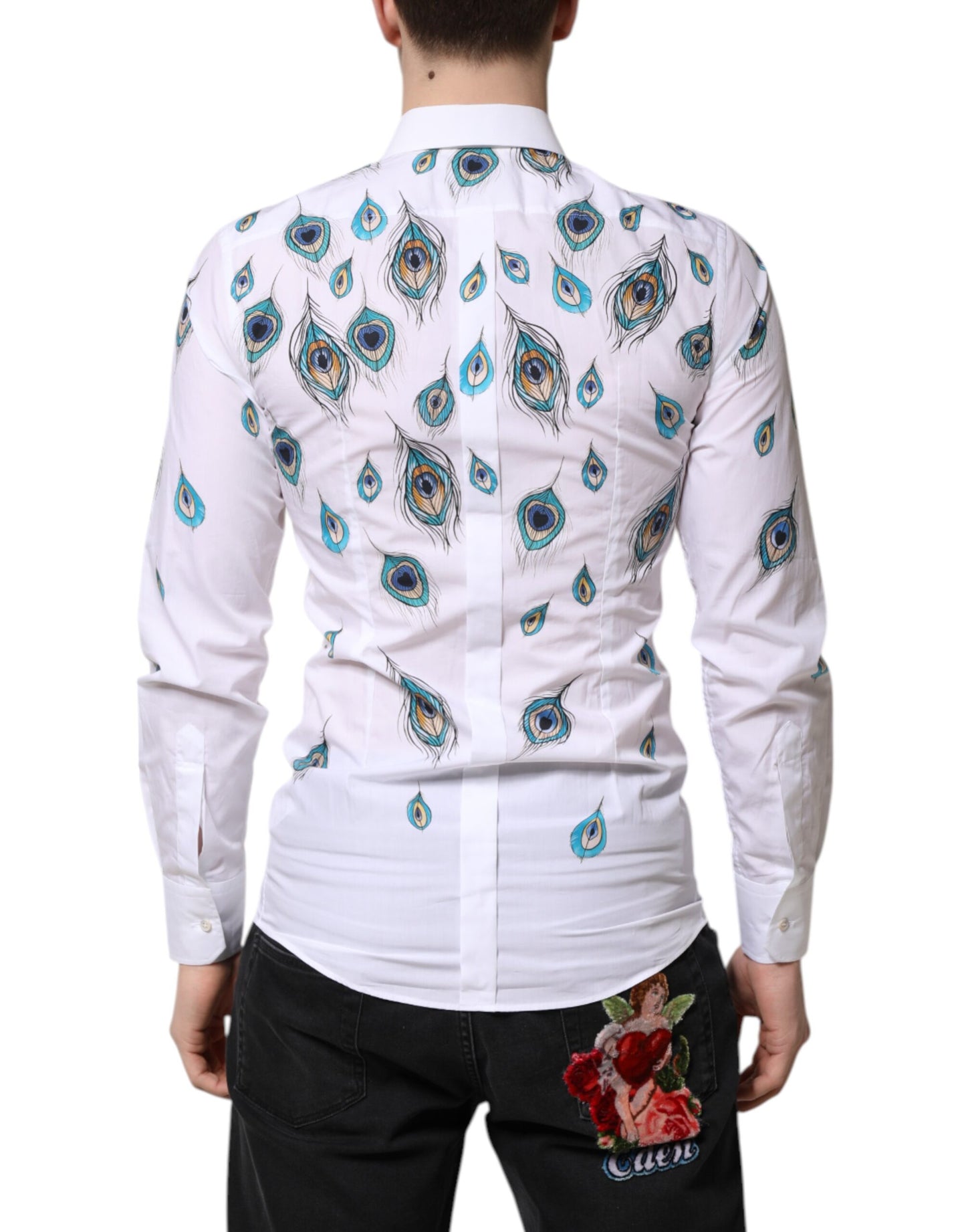Camisa de vestir Dolce &amp; Gabbana de algodón blanco con estampado de plumas doradas