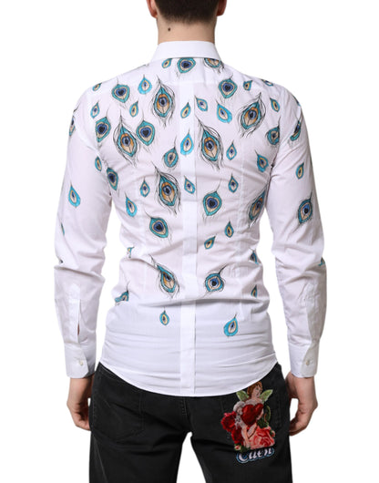 Camisa de vestir Dolce &amp; Gabbana de algodón blanco con estampado de plumas doradas