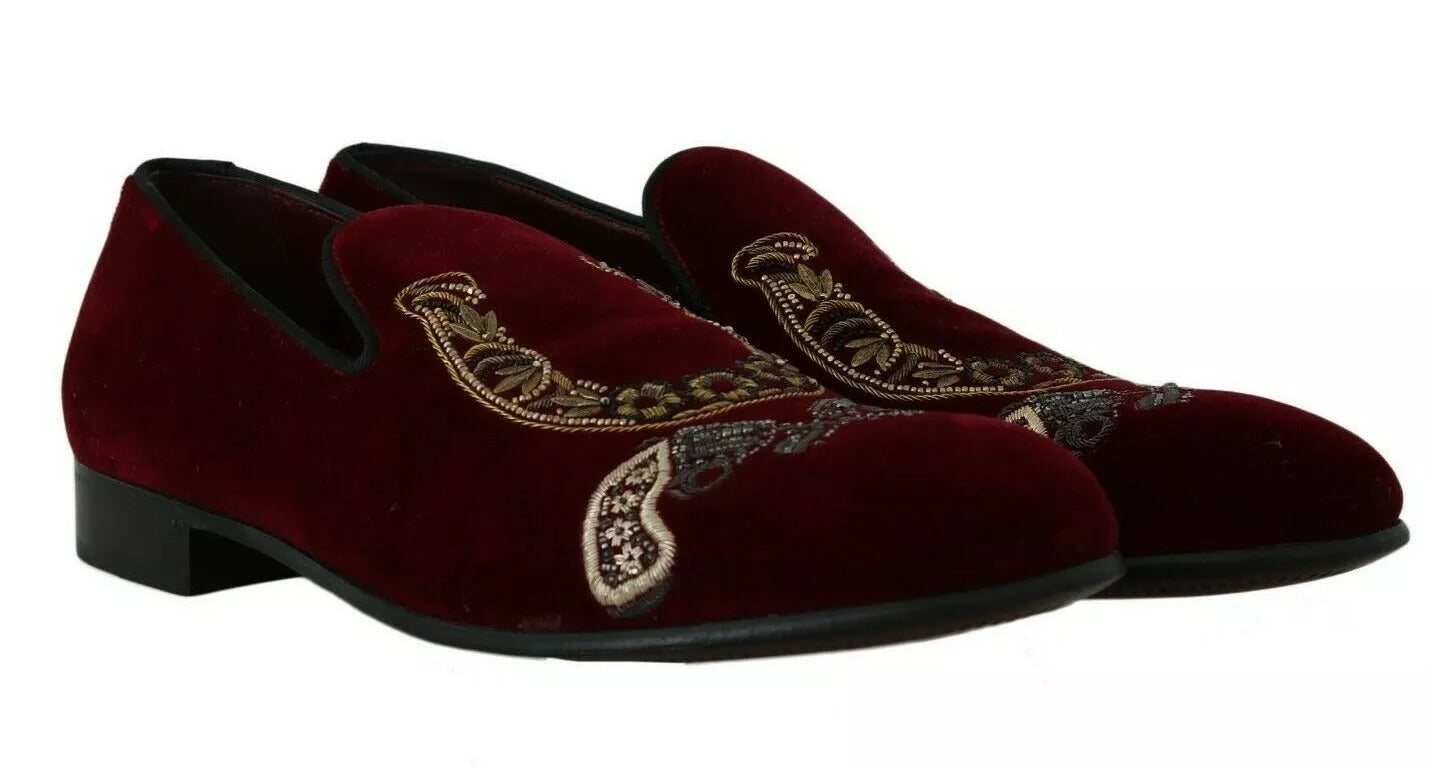 Dolce &amp; Gabbana Bordeaux Velvet Sequined Men's Loafers