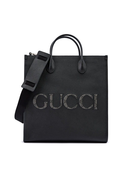 Sac fourre-tout moyen en cuir noir avec logo Gucci