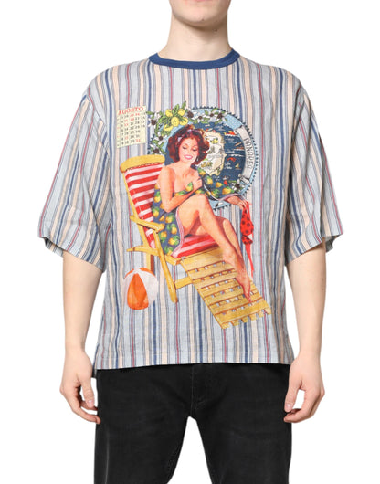 Dolce &amp; Gabbana Multicolor Striped Pin Up Linen Round Neck T-shirt