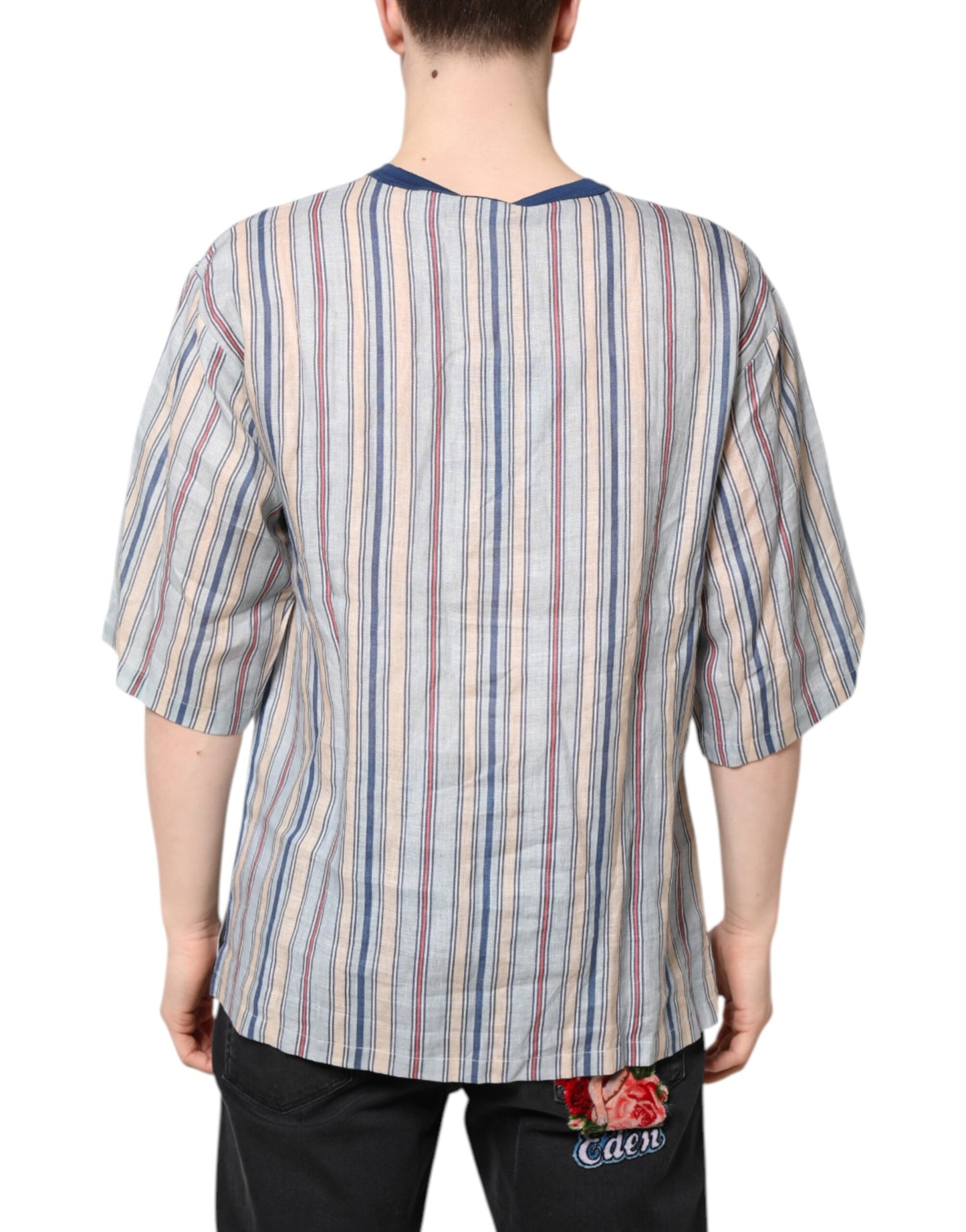 Dolce &amp; Gabbana Multicolor Striped Pin Up Linen Round Neck T-shirt
