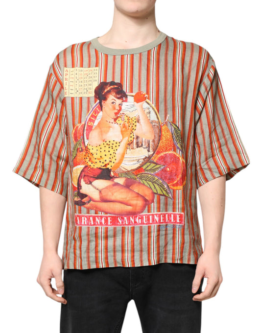 Dolce &amp; Gabbana Multicolor Striped Graphic Linen Round Neck T-shirt