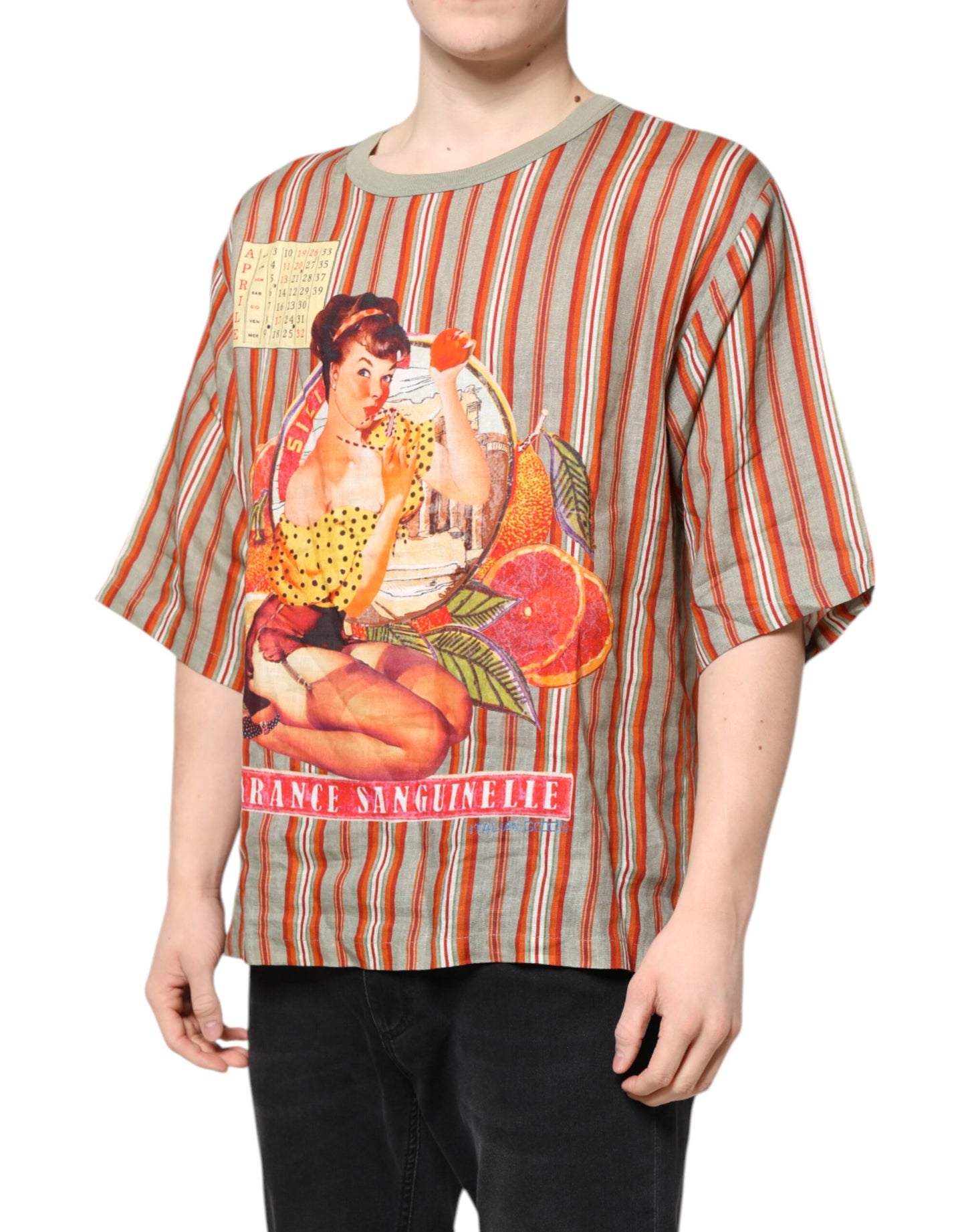 Dolce &amp; Gabbana Multicolor Striped Graphic Linen Round Neck T-shirt