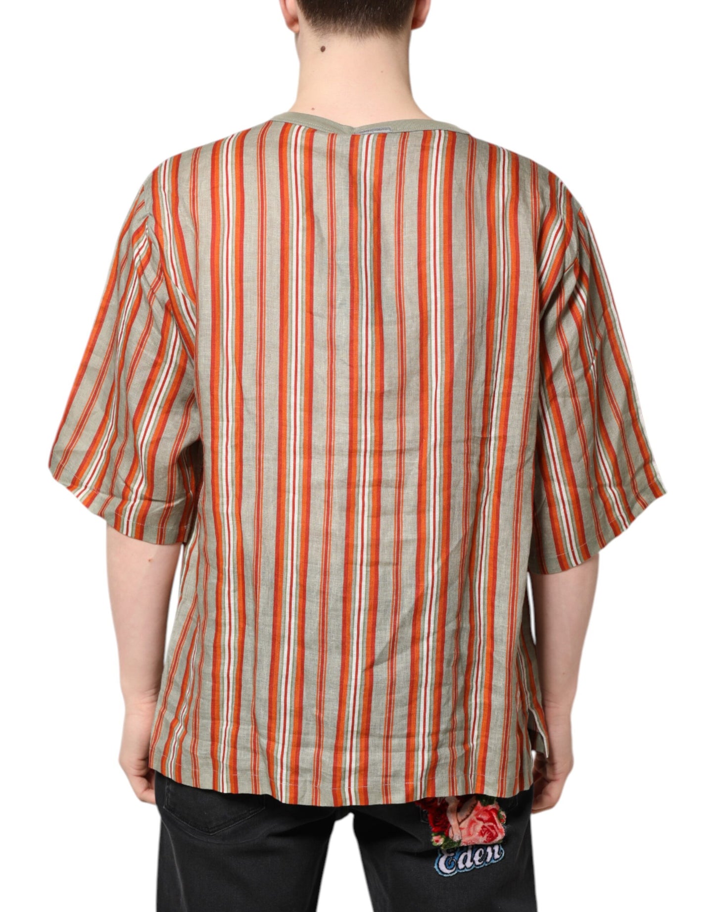 Dolce &amp; Gabbana Multicolor Striped Graphic Linen Round Neck T-shirt