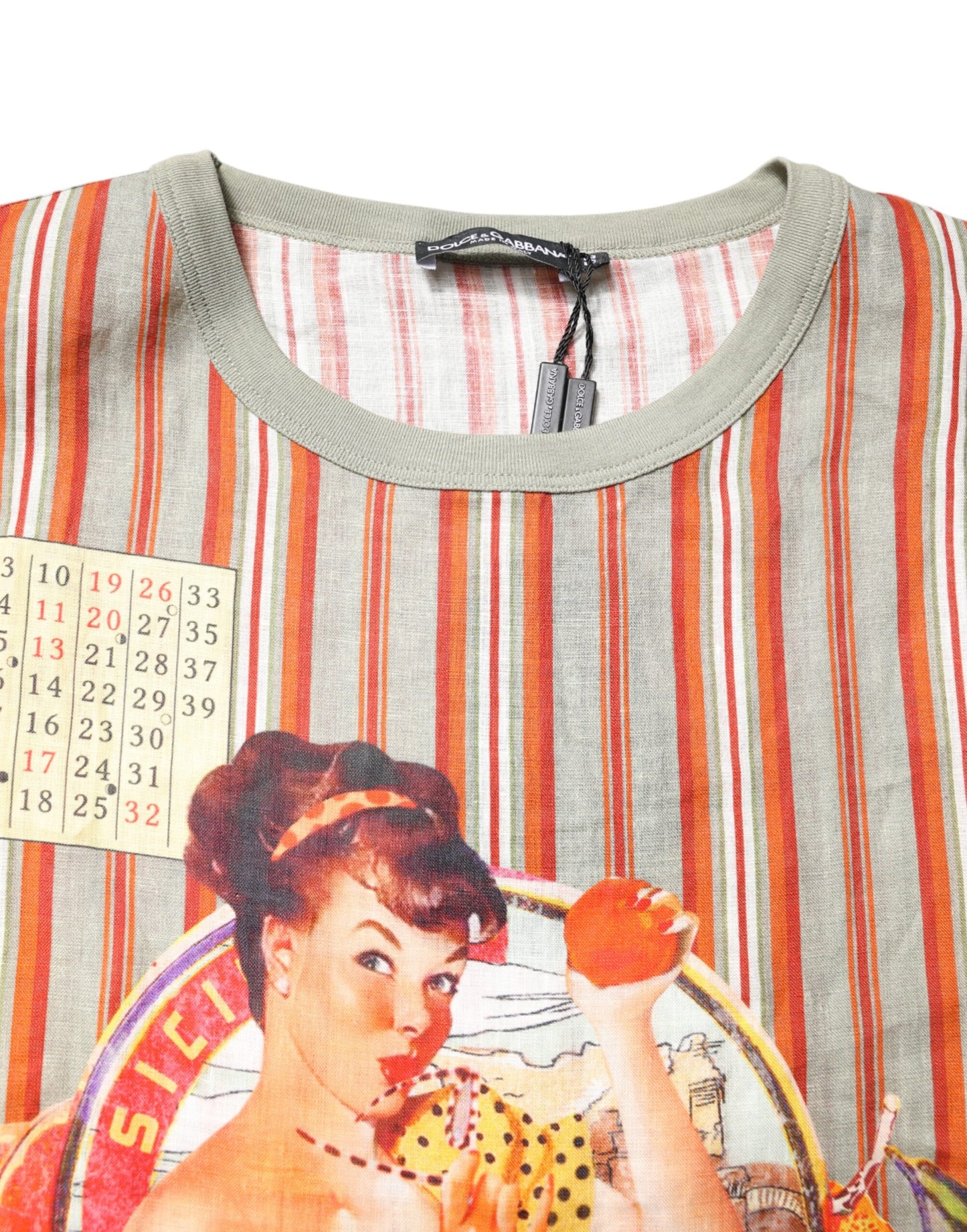Dolce &amp; Gabbana Multicolor Striped Graphic Linen Round Neck T-shirt