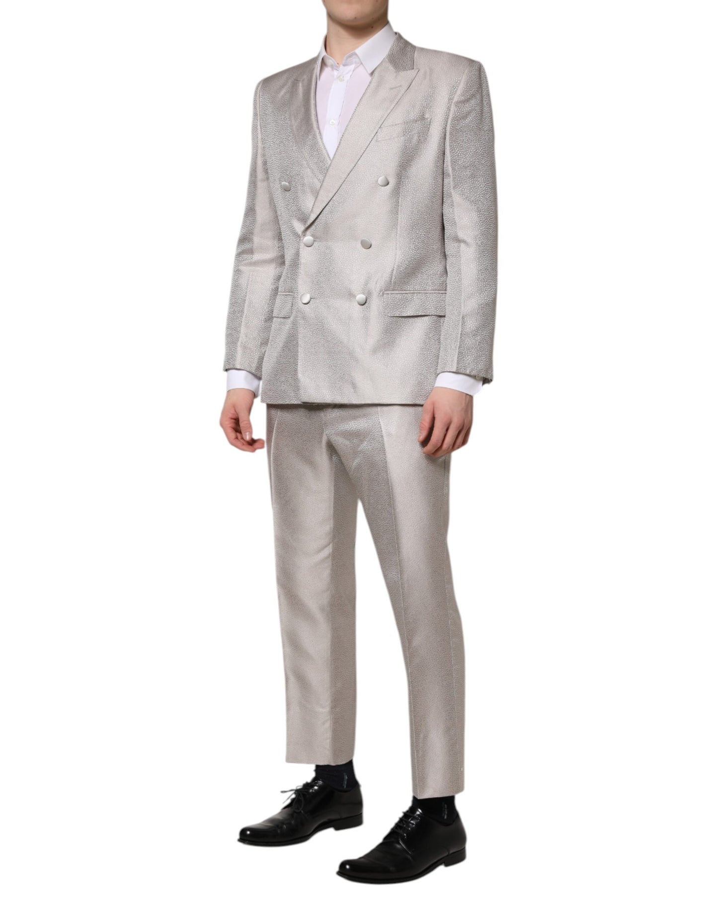 Traje de dos piezas de seda jacquard con lunares en gris claro de Dolce &amp; Gabbana