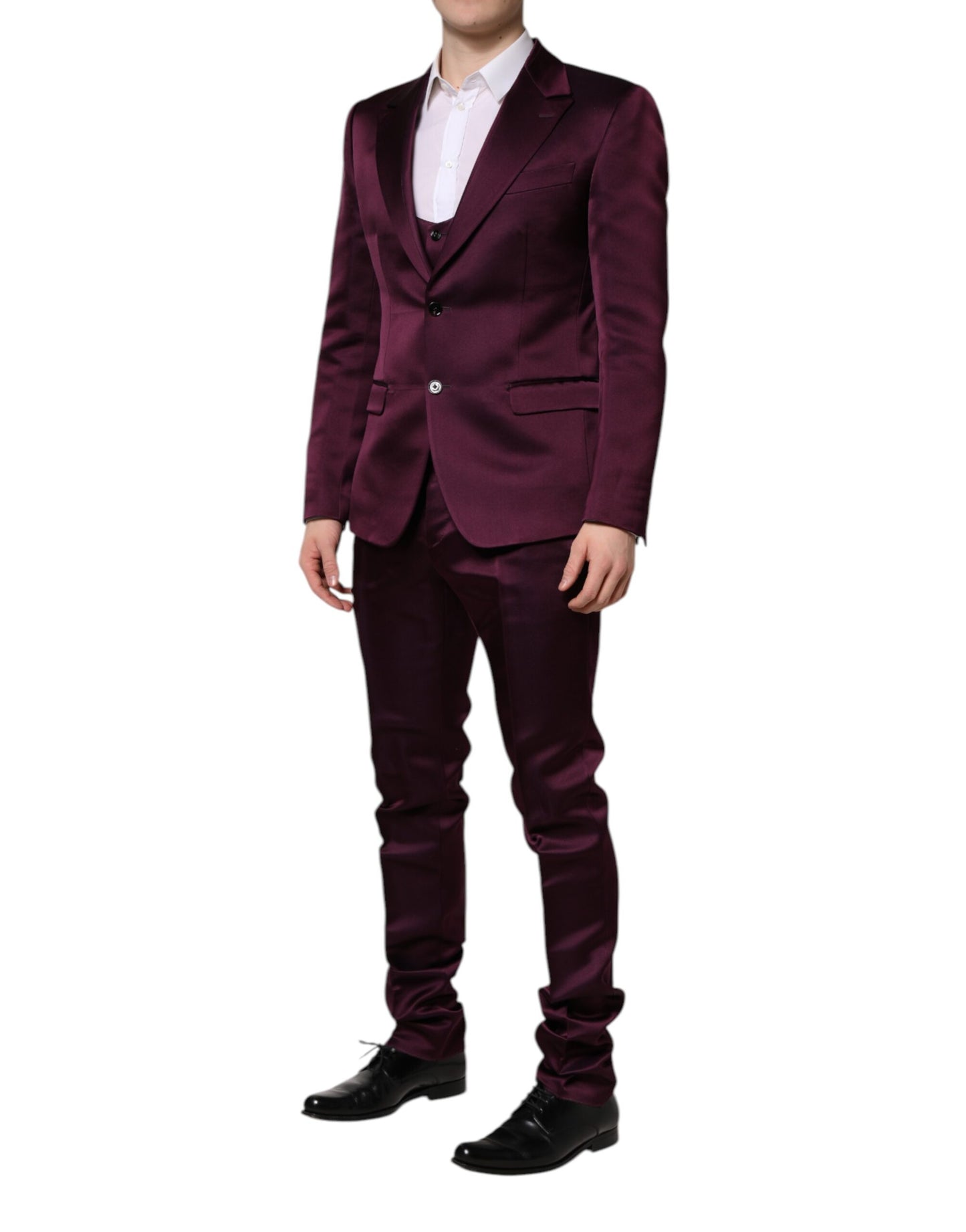 Traje de tres piezas de seda morado oscuro de Dolce &amp; Gabbana con botonadura sencilla
