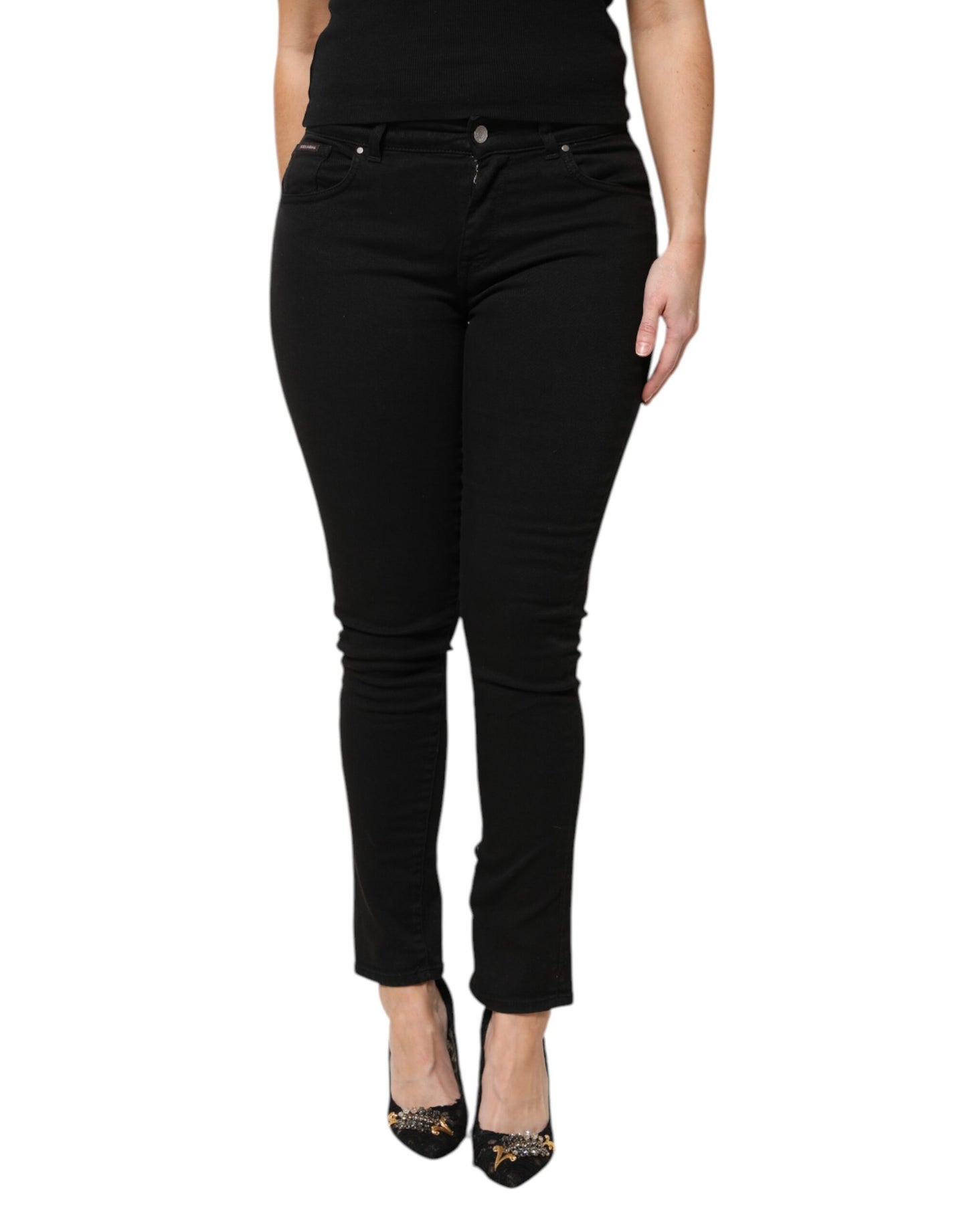 Dolce &amp; Gabbana Black Cotton Logo Mid Waist Skinny Denim Jeans