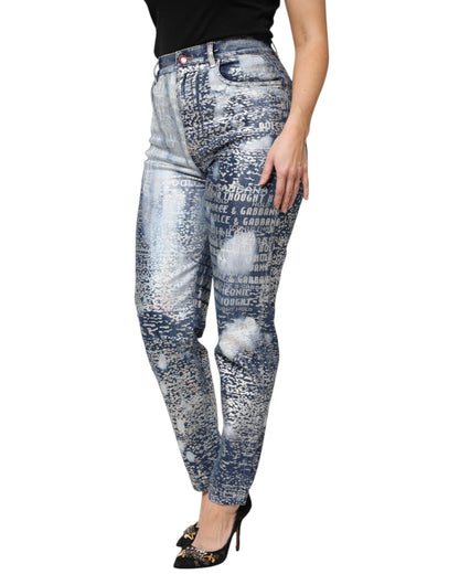 Dolce &amp; Gabbana Blue Washed Print High Waist Denim Jeans